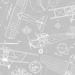 Medium Scale / Vintage Aircraft Blueprint / Cool Grey Linen Textured Background