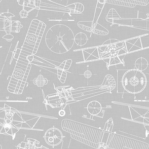 Small Scale / Vintage Aircraft Blueprint / Cool Grey Linen Textured Background