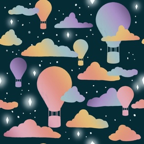Night time rainbow balloons and clouds in a star filled sky.