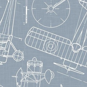 Large Scale / Rotated / Vintage Aircraft Blueprint / Dusty Blue Linen Textured Background
