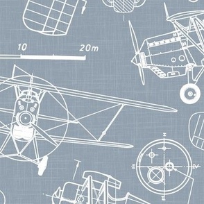 Large Scale / Vintage Aircraft Blueprint / Dusty Blue Linen Textured Background
