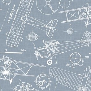 Medium Scale / Vintage Aircraft Blueprint / Dusty Blue Linen Textured Background