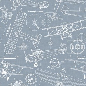 Small Scale / Vintage Aircraft Blueprint / Dusty Blue Linen Textured Background
