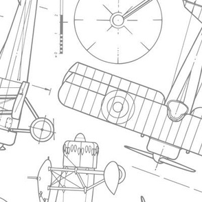 Large Scale / Rotated / Vintage Aircraft Blueprint / Grey on White Background