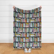 Large jumbo scale // Bookish soul // hale navy blue bookshelf background white middle blue green carissma blush pink yellow and orange textured books