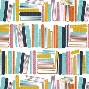 Small scale // Bookish soul //  white bookshelf background hale navy blue middle blue green carissma blush pink yellow and orange textured books