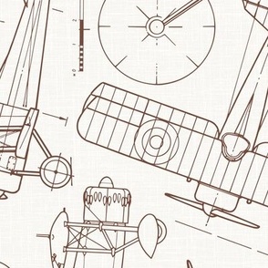 Large Scale / Rotated / Vintage Aircraft Blueprint / Off-White Linen Textured Background