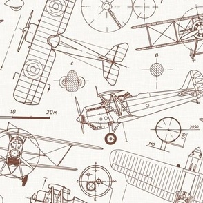 Medium Scale / Vintage Aircraft Blueprint / Off-White Linen Textured Background