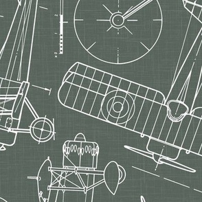 Large Scale / Rotated / Vintage Aircraft Blueprint / Moss Green Linen Textured Background