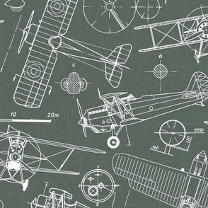 Medium Scale / Vintage Aircraft Blueprint / Moss Green Linen Textured Background