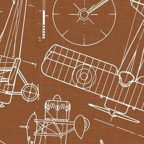 Large Scale / Rotated / Vintage Aircraft Blueprint / Rust Linen Textured Background