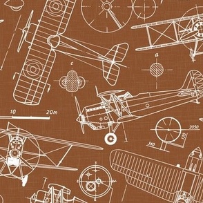 Medium Scale / Vintage Aircraft Blueprint / Rust Linen Textured Background