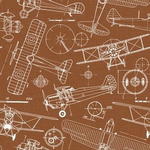 Small Scale / Vintage Aircraft Blueprint / Rust Linen Textured Background