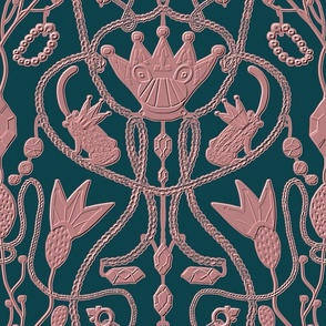 Fairytale pattern with chains, crowns, frogs and jewels in block print style in pink and gray shades