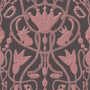 Fairytale pattern with chains, crowns, frogs and jewels in a block print style in shades of pink and brown