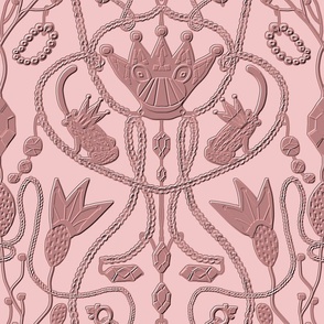 Fairytale pattern with chains, crowns, frogs and jewels in block print style in shades of pink