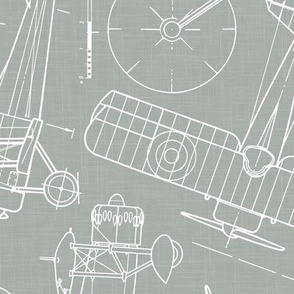 Large Scale / Rotated / Vintage Aircraft Blueprint / Sage Linen Textured Background