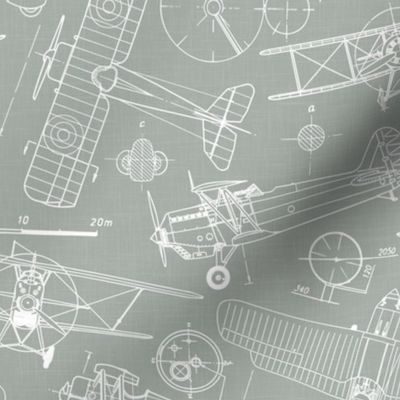 Medium Scale / Vintage Aircraft Blueprint / Sage Linen Textured Background