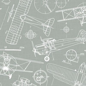 Medium Scale / Vintage Aircraft Blueprint / Sage Linen Textured Background