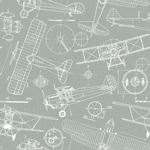 Small Scale / Vintage Aircraft Blueprint / Sage Linen Textured Background
