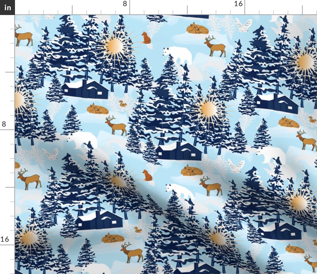 Winter Forest Retreat- Winter Sun- Light Blue- Regular Scale
