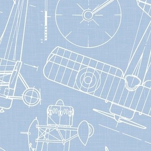 Large Scale / Rotated / Vintage Aircraft Blueprint / Sky Linen Textured Background