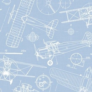 Medium Scale / Vintage Aircraft Blueprint / Sky Linen Textured Background