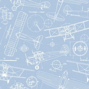 Small Scale / Vintage Aircraft Blueprint / Sky Linen Textured Background