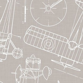 Large Scale / Rotated / Vintage Aircraft Blueprint / Warm Grey Linen Textured Background