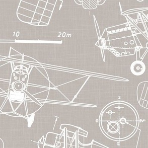 Large Scale / Vintage Aircraft Blueprint / Warm Grey Linen Textured Background