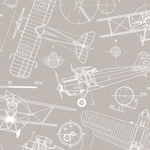 Medium Scale / Vintage Aircraft Blueprint / Warm Grey Linen Textured Background