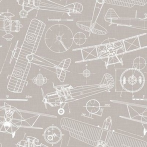 Small Scale / Vintage Aircraft Blueprint / Warm Grey Linen Textured Background