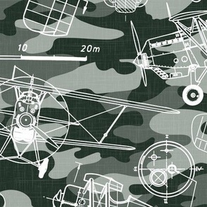 Large Scale / Vintage Aircraft Blueprint / Olive Khaki Sage Camouflage Linen Textured Background