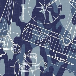 Large Scale / Rotated / Vintage Aircraft Blueprint / Navy Linen Textured Background