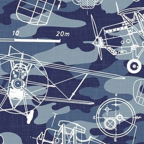 Large Scale / Vintage Aircraft Blueprint / Navy Linen Textured Background