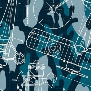Large Scale / Rotated / Vintage Aircraft Blueprint / Petrol Teal Blue Camouflage Linen Textured Background