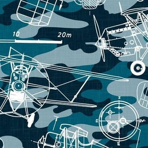 Large Scale / Vintage Aircraft Blueprint / Petrol Teal Blue Camouflage Linen Textured Background