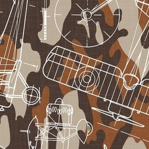 Large Scale / Rotated / Vintage Aircraft Blueprint / Rust Maroon Beige Camouflage Linen Textured Background