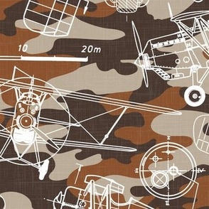 Large Scale / Vintage Aircraft Blueprint / Rust Maroon Beige Camouflage Linen Textured Background