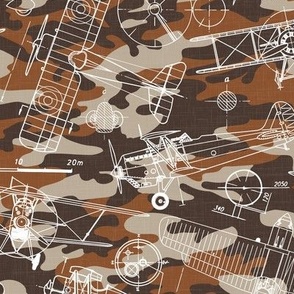 Medium Scale / Vintage Aircraft Blueprint / Rust Maroon Beige Camouflage Linen Textured Background