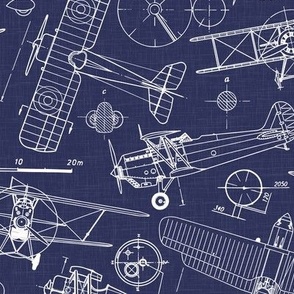 Medium Scale / Vintage Aircraft Blueprint / Navy Linen Textured Background