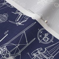 Small Scale / Vintage Aircraft Blueprint / Navy Linen Textured Background