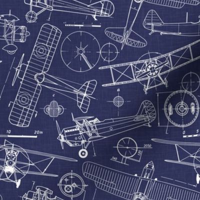 Small Scale / Vintage Aircraft Blueprint / Navy Linen Textured Background