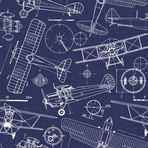 Small Scale / Vintage Aircraft Blueprint / Navy Linen Textured Background