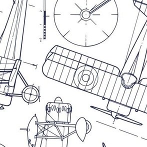 Large Scale / Rotated / Vintage Aircraft Blueprint / Navy on White Background