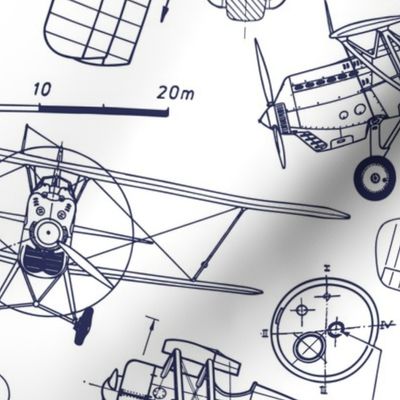 Large Scale / Vintage Aircraft Blueprint / Navy on White Background