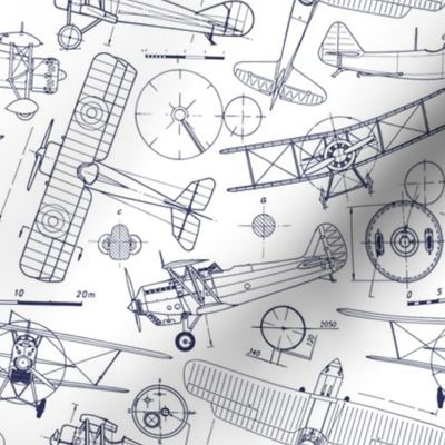 Small Scale / Vintage Aircraft Blueprint / Navy on White Background