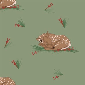 Baby Deer/ Fawn Sleeping/ Woodland Animal/ Forrest / Winter/ Red / Green