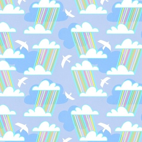 SMALL • Surrealist retro rainbow rain on Optimistic Blue Sky with clouds and birds 1.