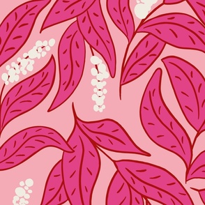 Hot pink foliage with white flowers on light peach pink, JUMBO, leaves are approx 6-8 inches long